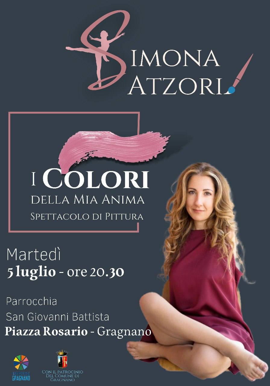 Locandina dello spettacolo di Simona Atzori, artista, che comincerà alle 20.30 a Piazza Rosario